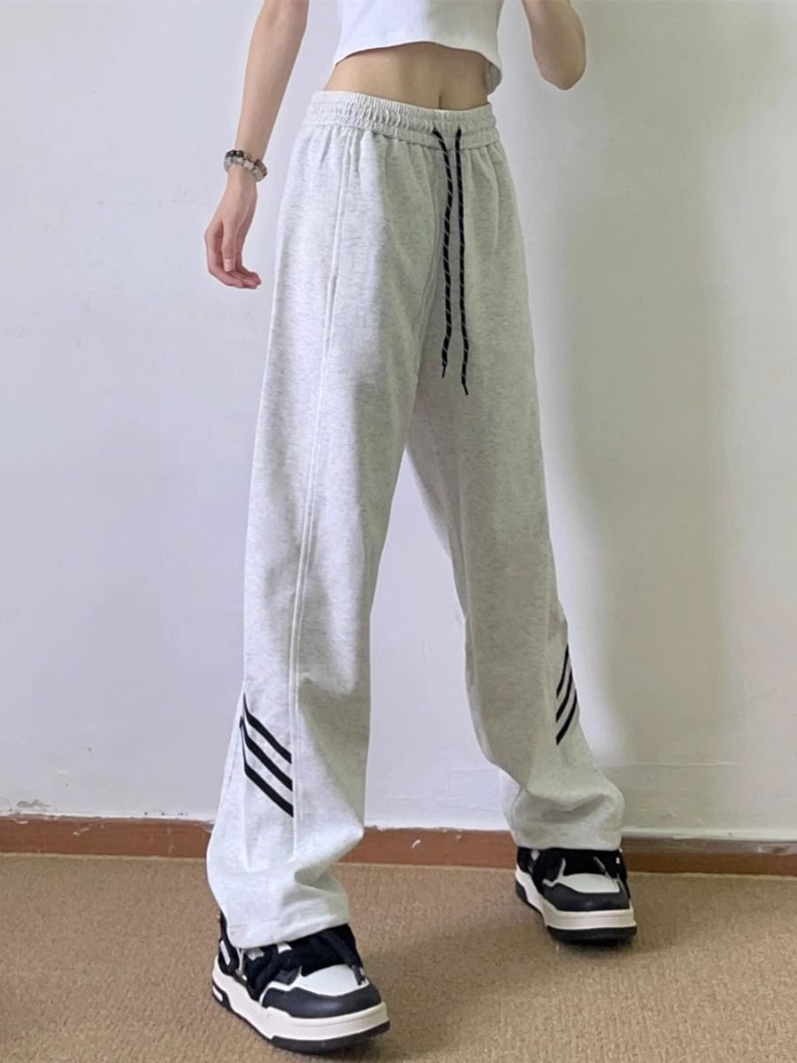 美式奶白灰運動衛褲女春秋復古條紋直筒垂感拖地寬鬆休閒闊腿褲子