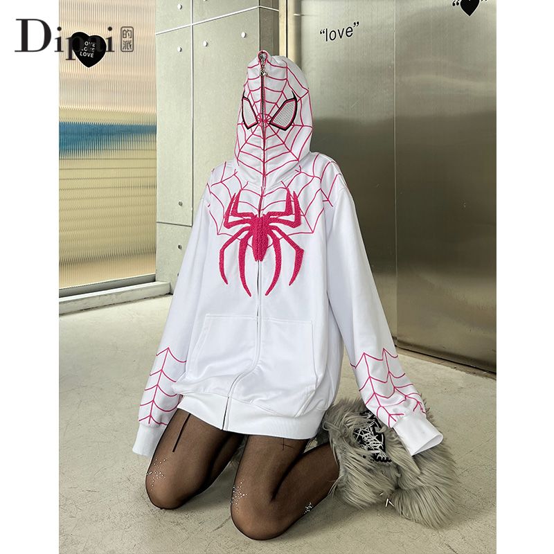 Dipai 蜘蛛刺繡拉鏈開衫衛衣男女情侶嘻哈oversize寬鬆連帽外套潮