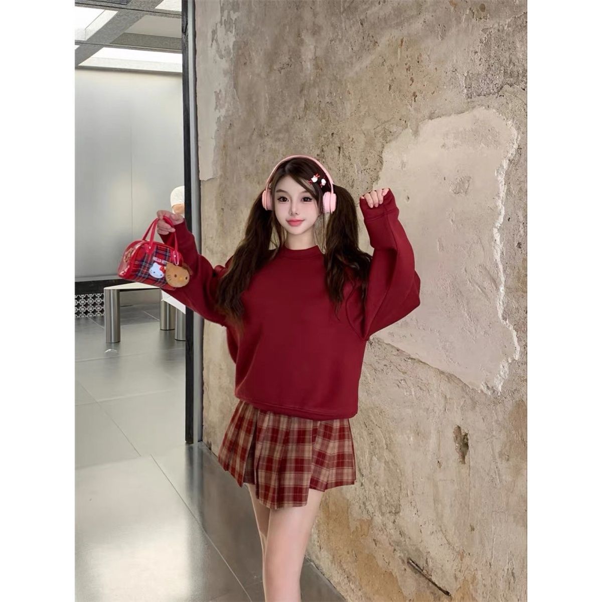 美拉德學姐顯瘦百搭學院風拼接格紋女2023秋冬新款法式衛衣套裝潮
