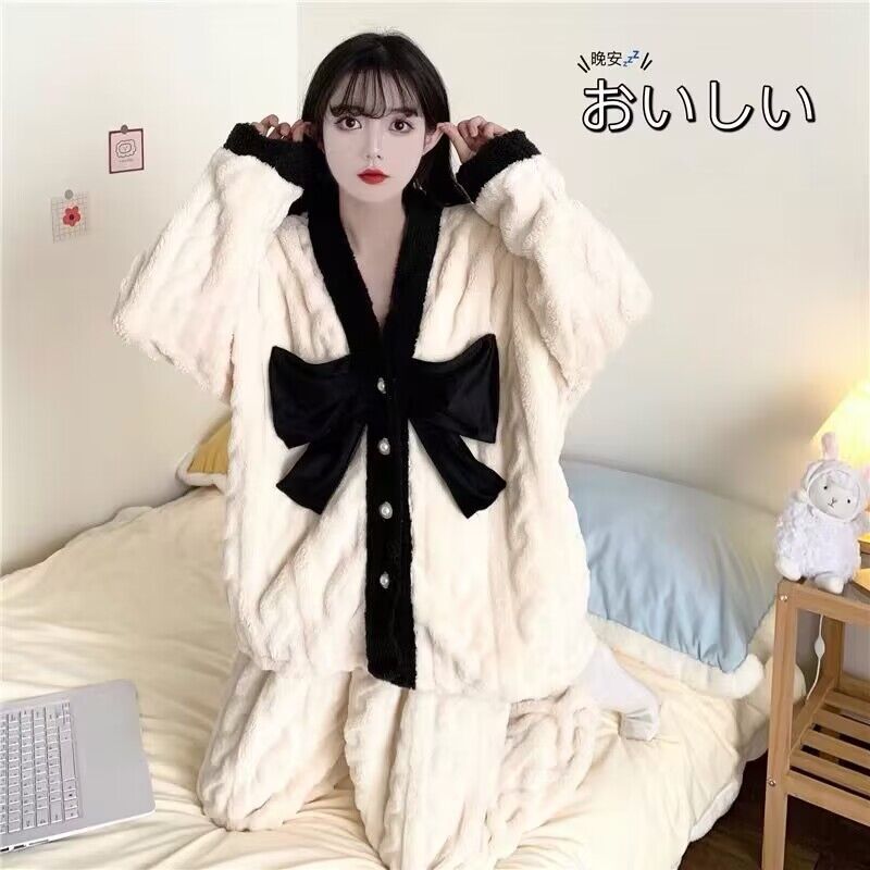 珊瑚絨睡衣女秋冬加絨加厚新款高檔v領兩件套冬季家居服外穿套裝
