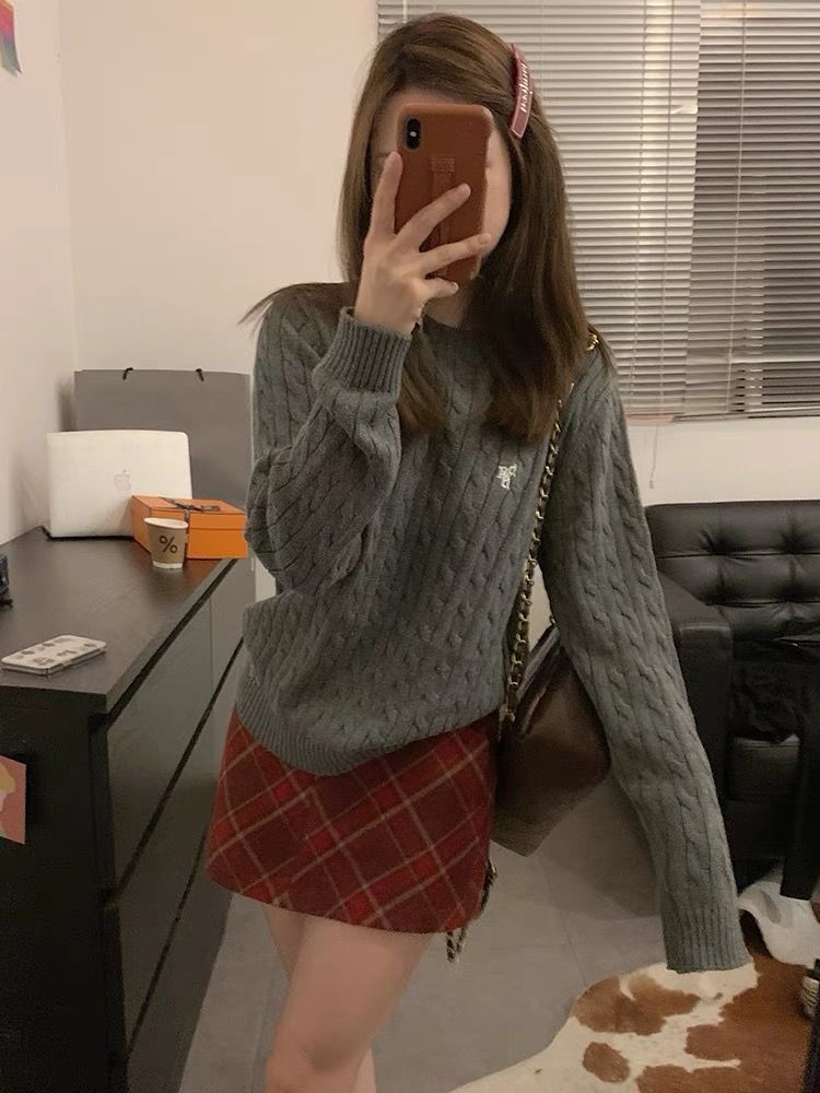 套頭灰色毛衣女秋冬2023新款慵懶風小個子圓領內搭打底針織衫上衣