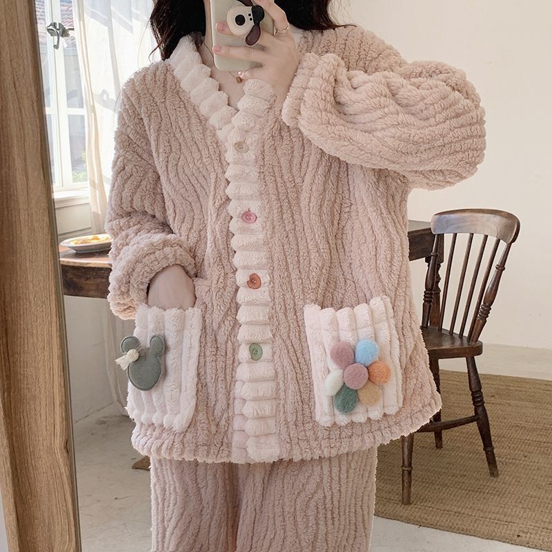 ins風甜美珊瑚絨睡衣女秋冬季新款加厚粉色花兒法蘭絨家居服套裝