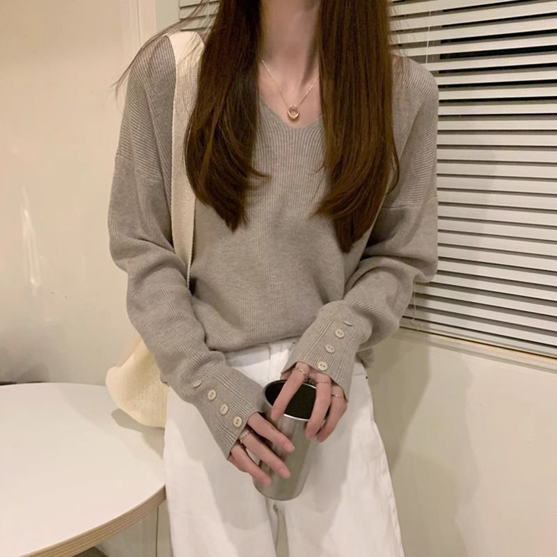 v領打底衫女秋季長袖溫柔毛衣2023新款設計感小眾內搭針織衫上衣
