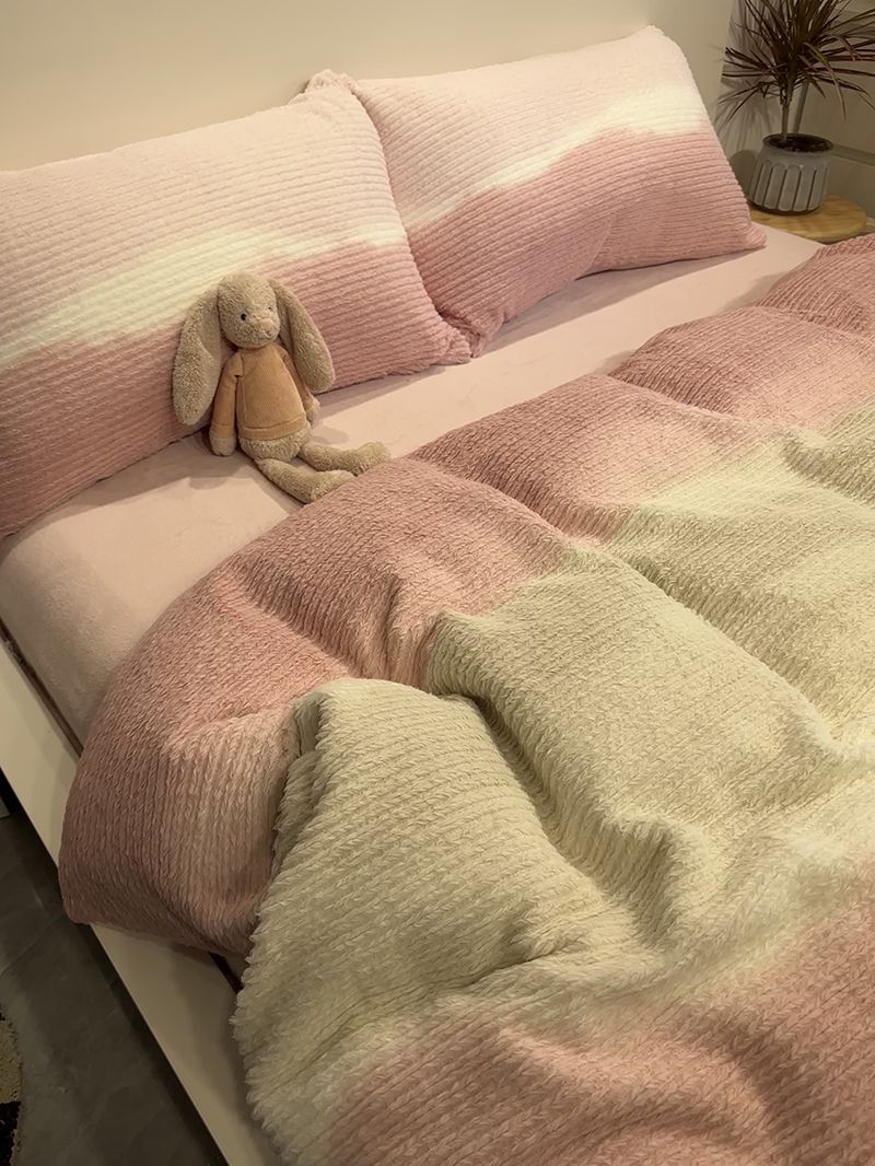 冬季加厚粉色渐变兔毛绒四件套保暖双面被套床单珊瑚牛奶绒三件套