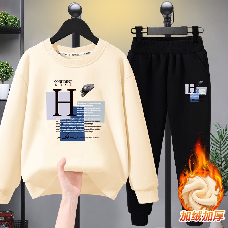 Boys' velvet suit, autumn and winter 2023 new style, medium and large children's winter clothing, warm and fashionable children's sweatshirts and sportswear
