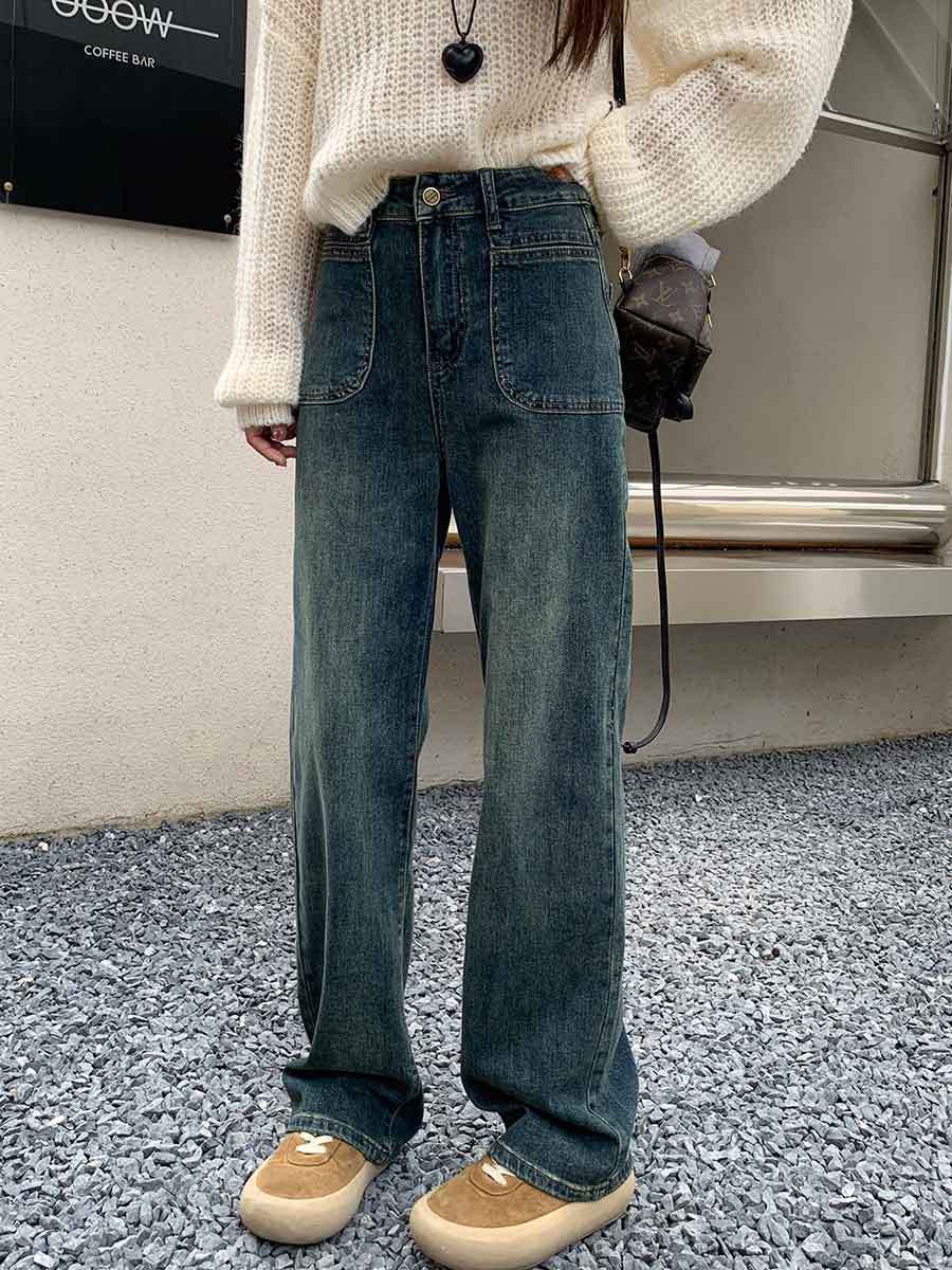 水洗復古窄版牛仔褲女2023年新款春秋高腰直筒顯瘦加長拖地闊腿褲