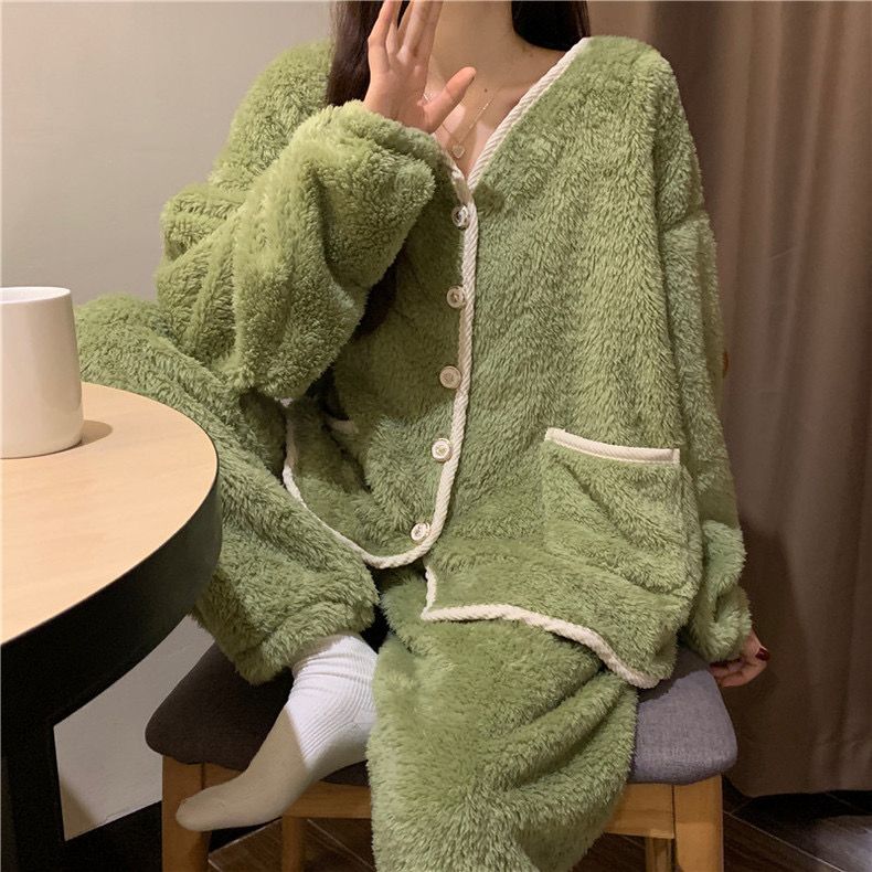 珊瑚絨睡衣女士秋冬季甜美韓版加絨加厚法蘭絨保暖家居服套裝冬天