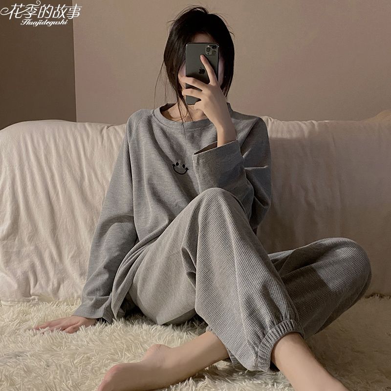花季的故事華夫格睡衣女春秋季長袖套裝保暖網紅韓版高級感家居服