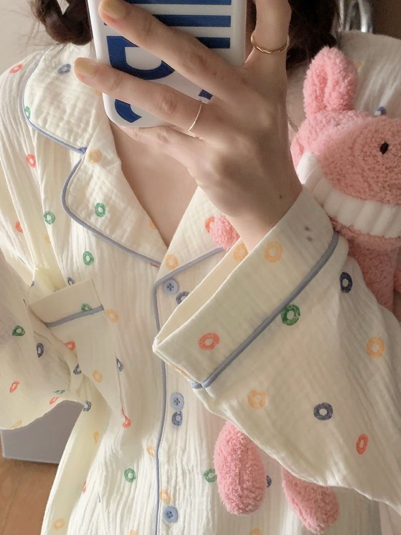 睡衣女士春秋季2023年新款泡泡皺學生甜美長袖長褲寬鬆家居服套裝