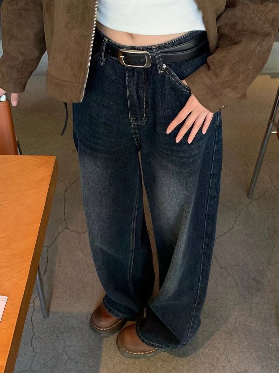 梨形身材秋冬款高街復古深色闊腿牛仔褲女刺繡寬鬆垂感直筒拖地褲