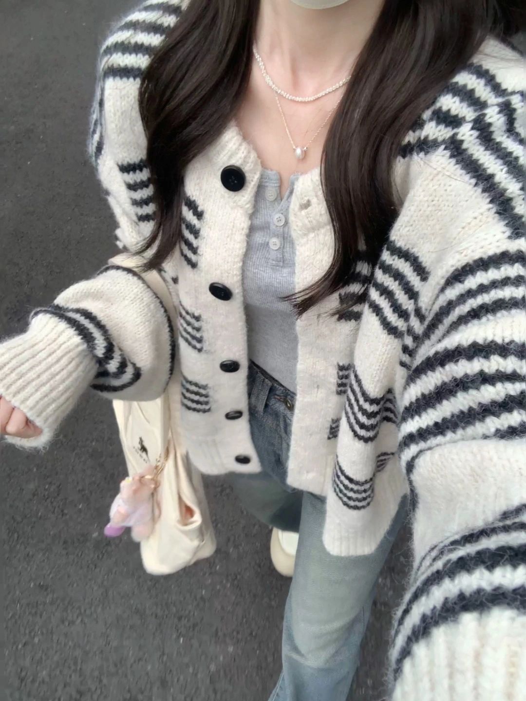 Japanese retro striped sweater cardigan for women in autumn and winter loose lazy style soft and waxy versatile super good-looking sweater jacket