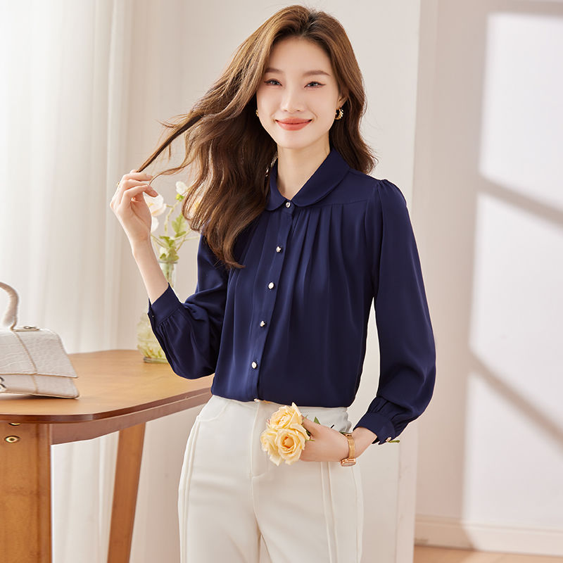 寶藍色襯衫女長袖上衣春秋2023年新款職業氣質工作服正裝工裝襯衣