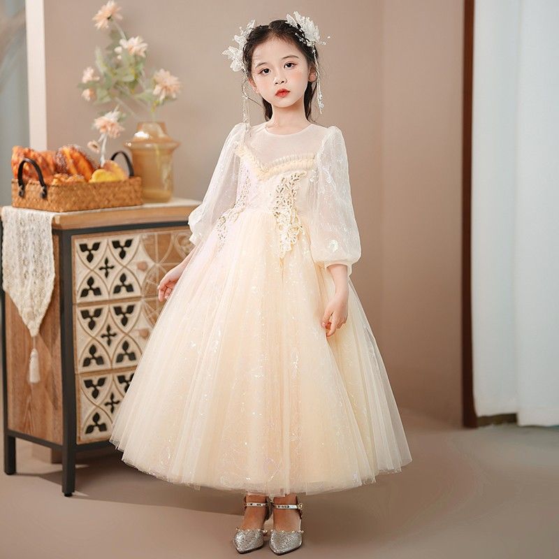 女童禮服春秋生日公主裙高端花童婚禮蓬蓬裙兒童主持人鋼琴演出服