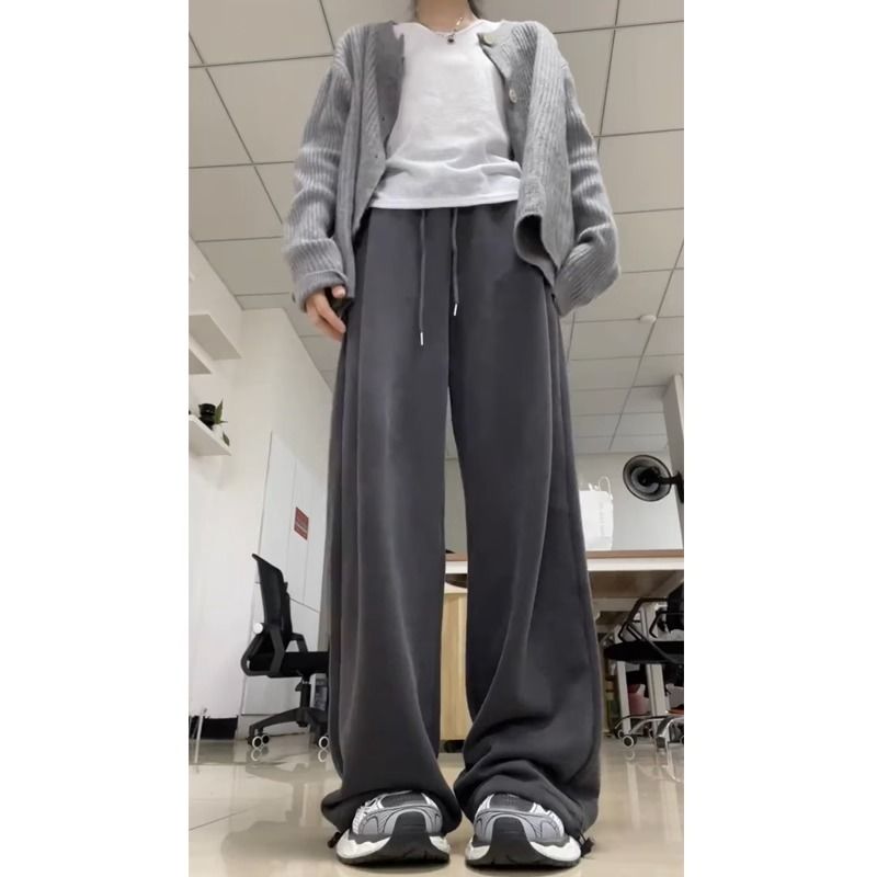 美式復古運動褲女春秋新款顯瘦高腰直筒垂感休閒寬鬆闊腿褲子ins
