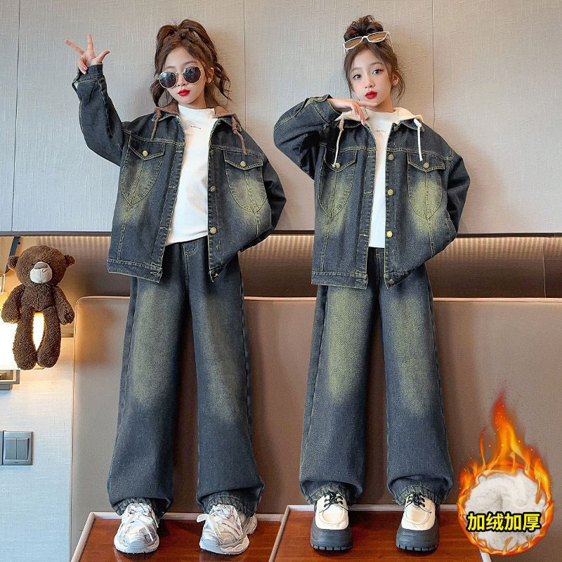 Girls' autumn and winter clothing plus velvet and thickened denim suit 2023 new Korean style foreign style children's winter warm two-piece set