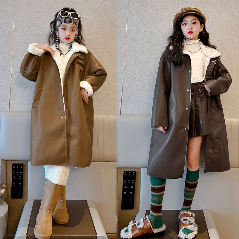 女童外套秋冬款2023新款中大童加絨加厚中長款大衣網紅洋氣風衣潮