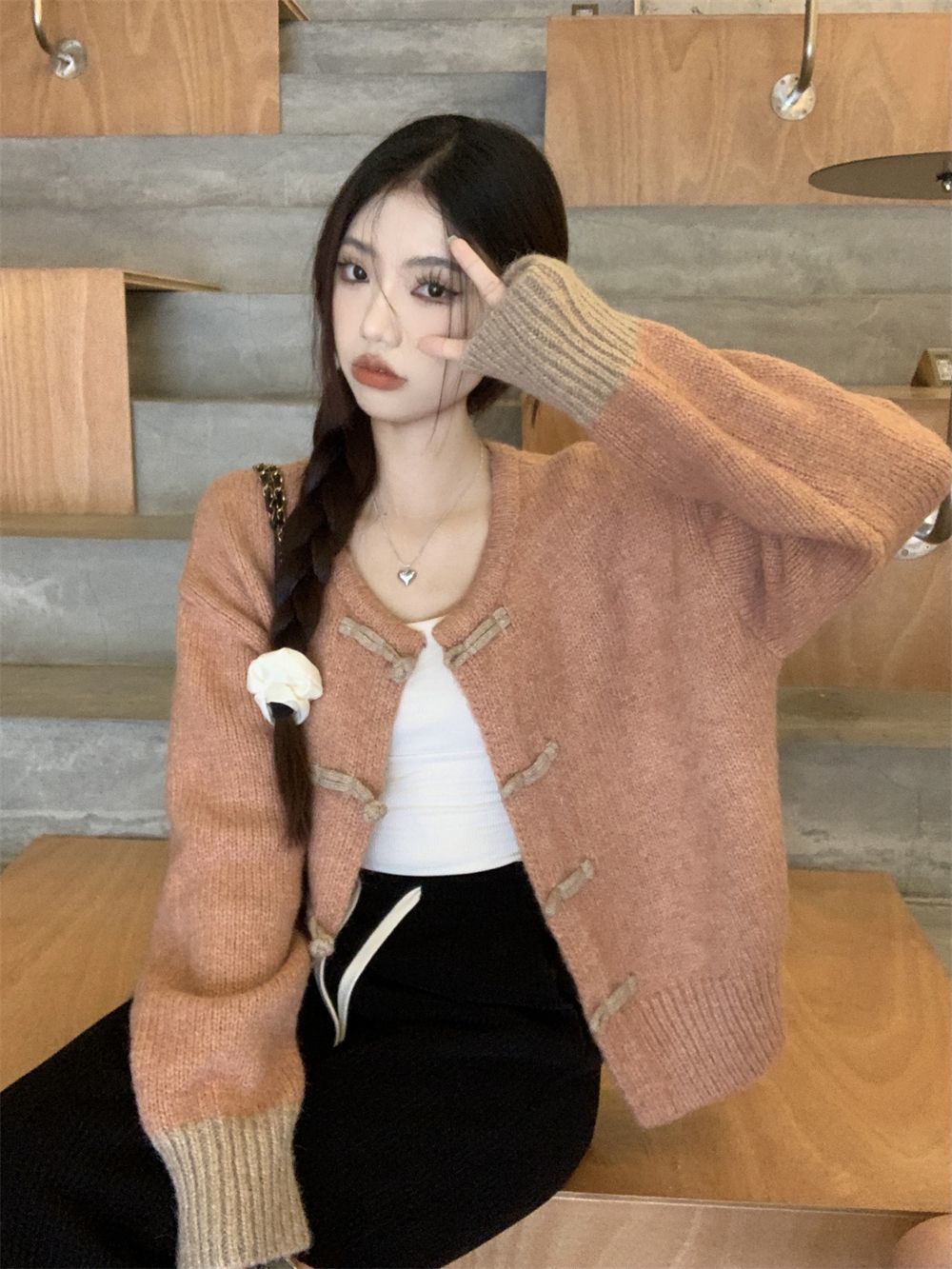 Sweater Women's  Autumn and Winter New Heavy Industry Button Round Neck Contrast Color Lazy Style Loose Slim Long Sleeve Knitted Cardigan