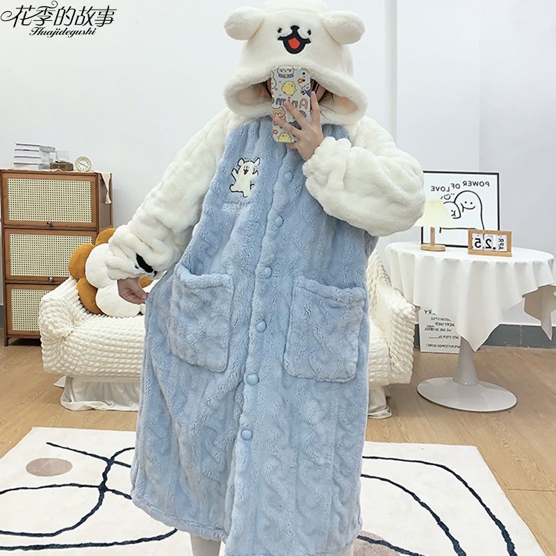 花季的故事珊瑚絨睡衣女冬季連帽睡袍情侶套裝加絨加厚家居服新款