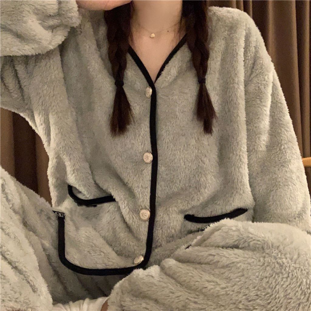 新款ins可愛珊瑚絨睡衣少女學生秋冬季加絨加厚法蘭絨家居服套裝