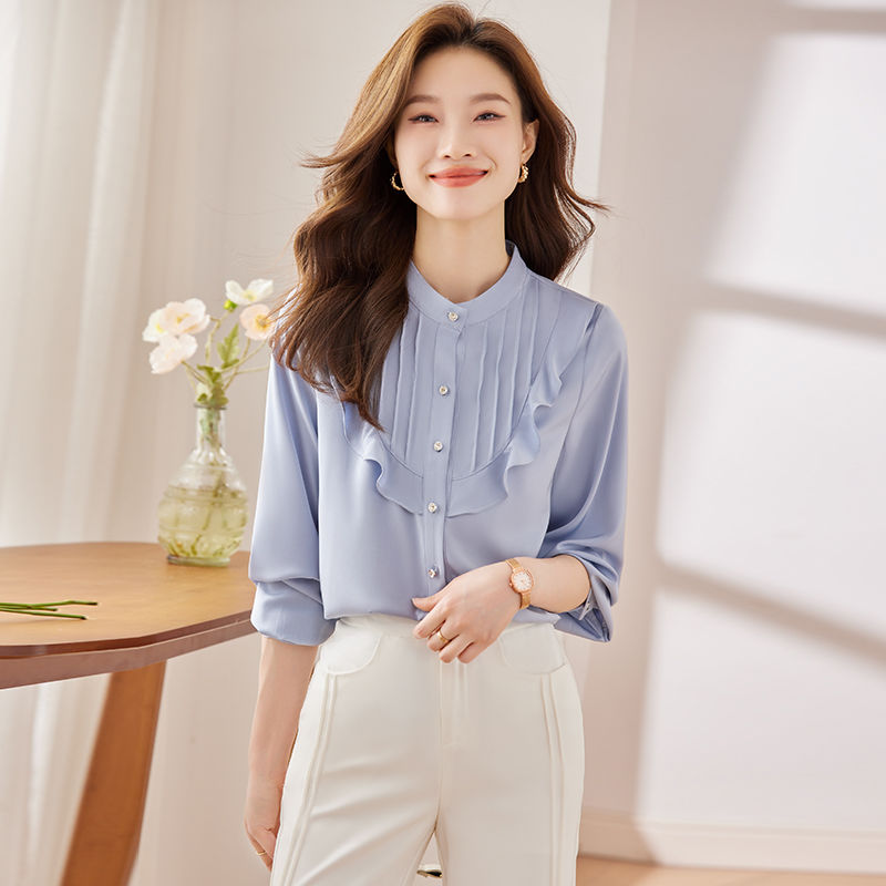 藍色襯衫女春秋2023新款雪紡上衣設計感小眾高端時尚洋氣職業襯衣