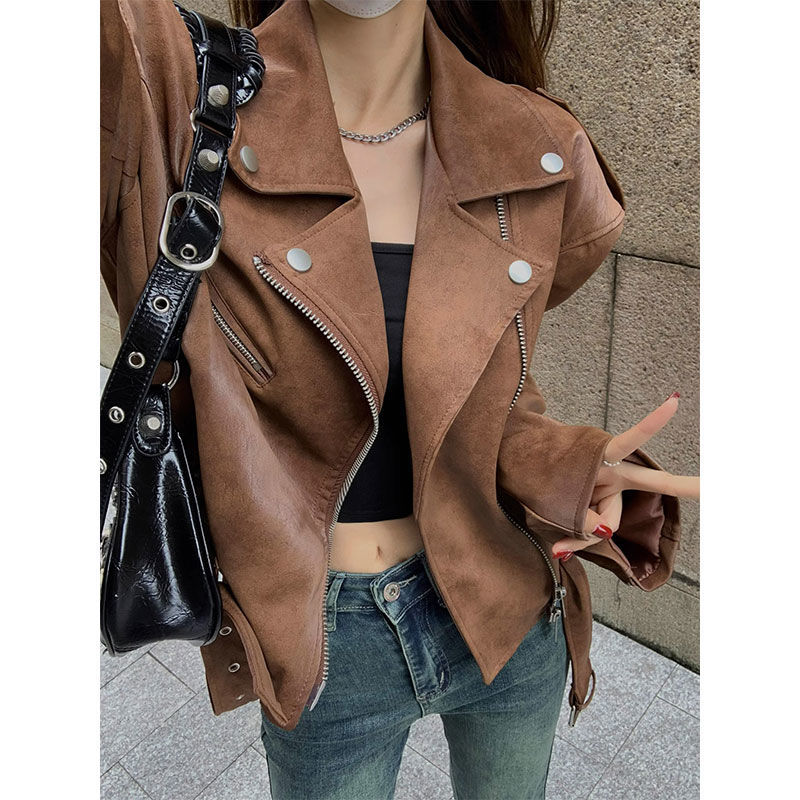 Maillard jacket short PU leather jacket spring and autumn new small brown American motorcycle loose top