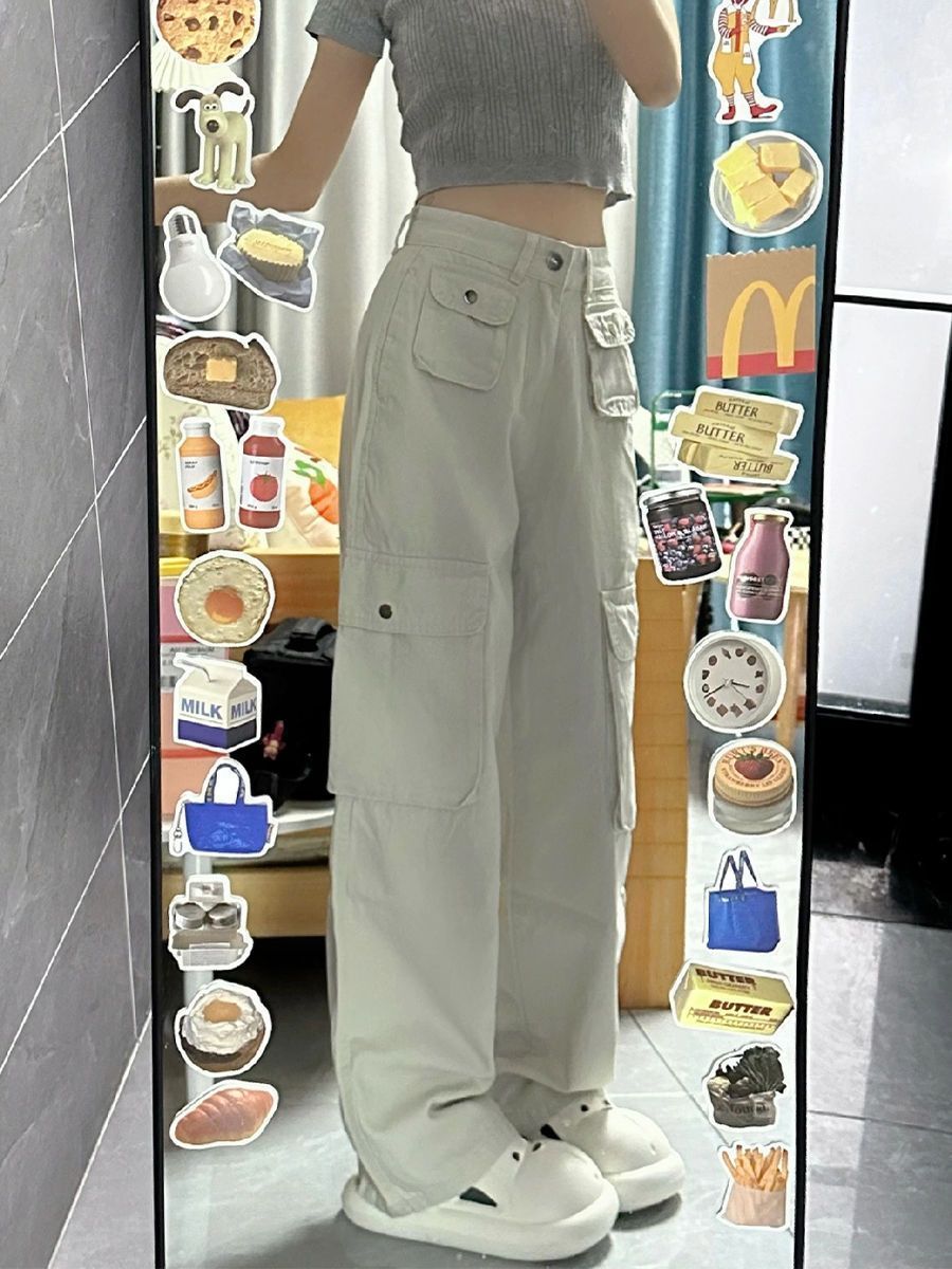 歐美式高街hiphop工裝褲女高腰顯瘦設計感直筒闊腿休閒褲子ins潮