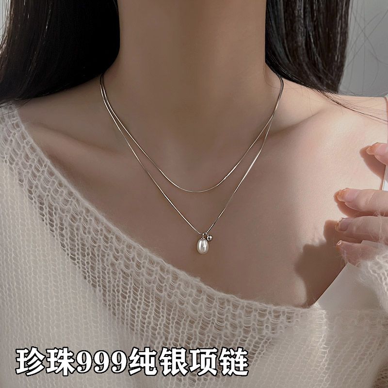 【真品】999純銀珍珠項鍊女雙層天然高檔氣質小眾送女友生日禮物