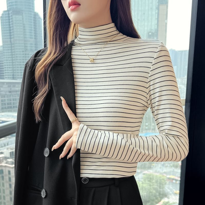 黑白條紋長袖t恤女裝秋季2023新款半高領打底衫秋裝短款內搭上衣