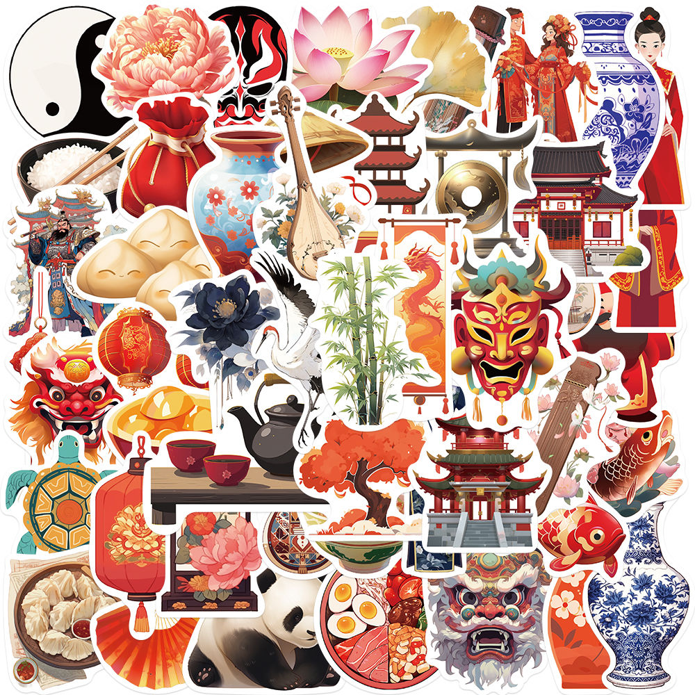 100张复古中国风小物件食物建筑动物贴纸ins风装饰手机壳防水贴纸