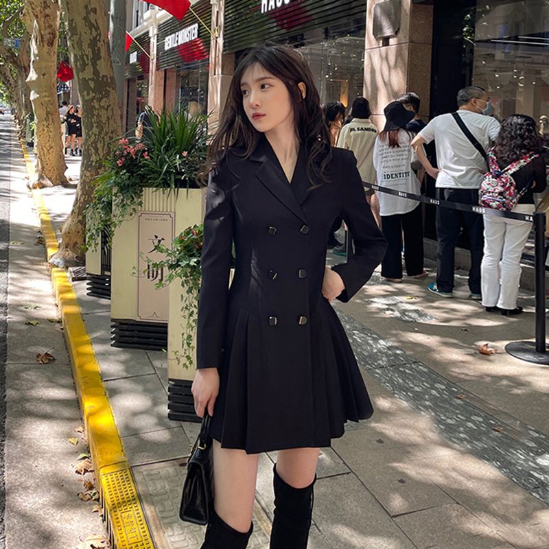 西裝連衣裙女春秋2024新款洋氣修身收腰徐睿知明星同款百褶小黑裙