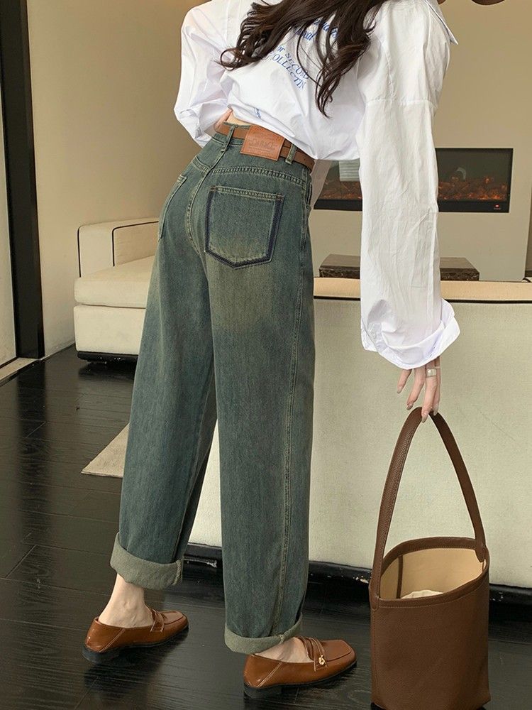 復古九分哈倫牛仔褲女2023秋季高腰寬鬆顯瘦做舊小個子休閒老爹褲