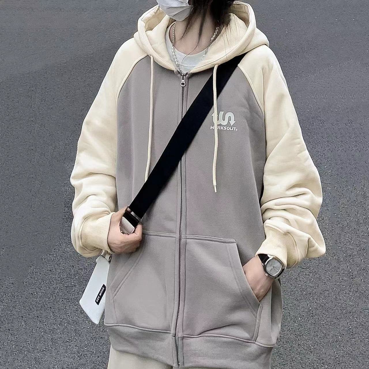 復古插肩袖杏灰色連帽衛衣外套女秋季寬鬆垂墜感慵懶長袖開衫外穿