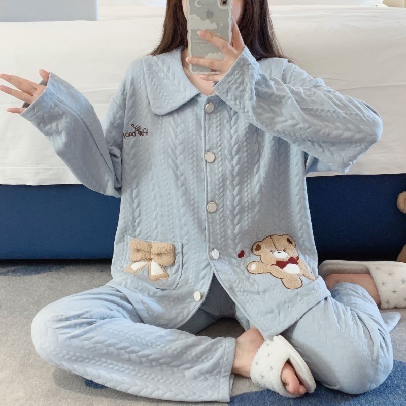 秋冬三層空氣棉睡衣夾層保暖加厚純棉長袖家居服女薄夾棉睡衣套裝