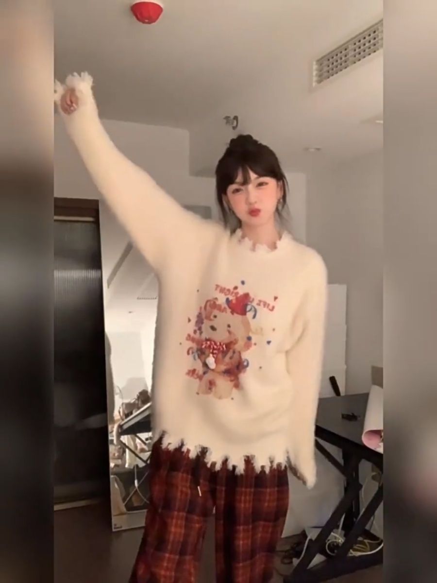 XJ家日系可愛小狗毛邊寬鬆慵懶風軟糯毛衣多巴胺女孩針織上衣