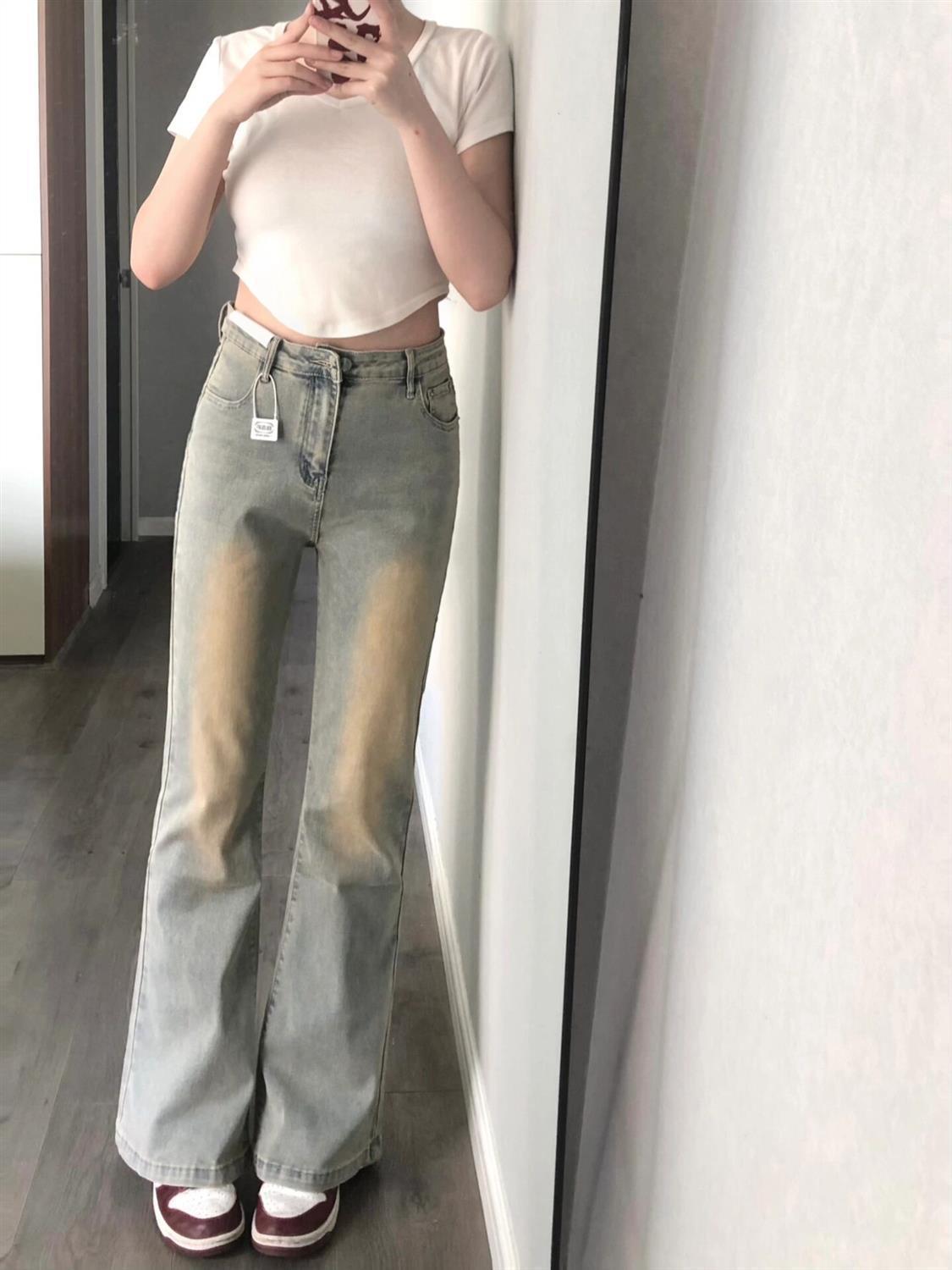 韓繫懷舊復古微喇牛仔褲女春秋季高腰彈力顯瘦梨形身材褲子長褲潮