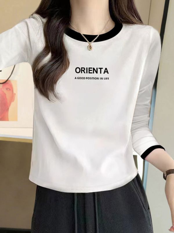 時尚正肩短款長袖t恤女純棉2023年新款加厚上衣打底衫內搭秋冬季