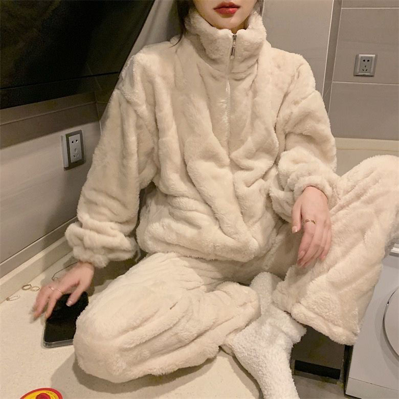 冬季珊瑚絨睡衣女簡約加厚加絨公主風純色拉鏈立領保暖家居服套裝