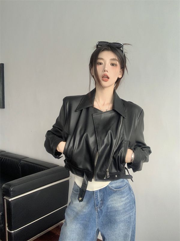 Suit leather jacket for women 2023 autumn and winter new design high-end street retro coffee color pu leather short zipper jacket
