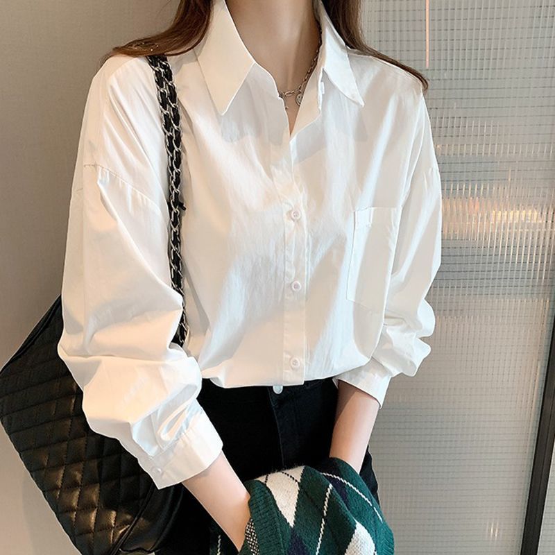 通勤別致白色長袖襯衫女春秋翻領疊穿內搭襯衣簡約氣質高級感上衣