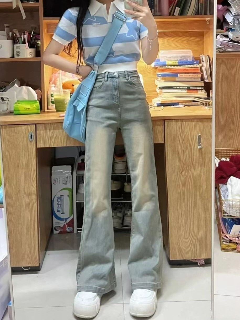 顯瘦微喇叭牛仔褲女高腰顯瘦彈力秋季新款辣妹直筒拖地褲子ins潮