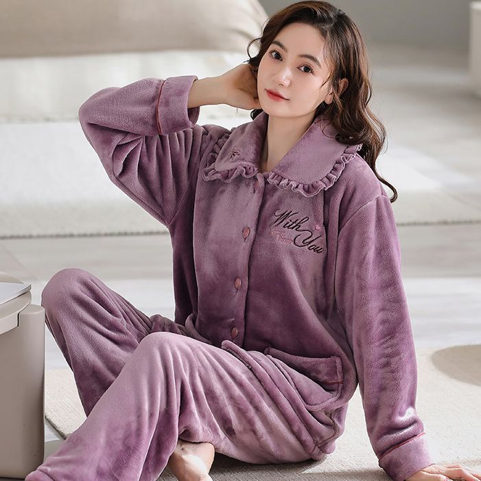 秋冬季法蘭絨睡衣女長袖加絨加厚中老年媽媽珊瑚絨套裝保暖家居服