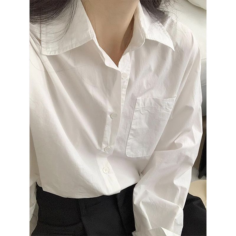 通勤白色長袖襯衫女春秋新款翻領內搭襯衣港風簡約氣質慵懶風上衣