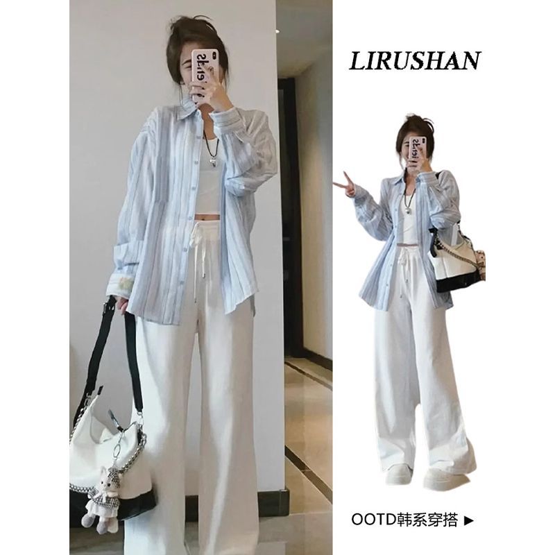 豎條紋長袖襯衫女春秋薄款慵懶風藍色寬鬆百搭設計感翻領上衣外套