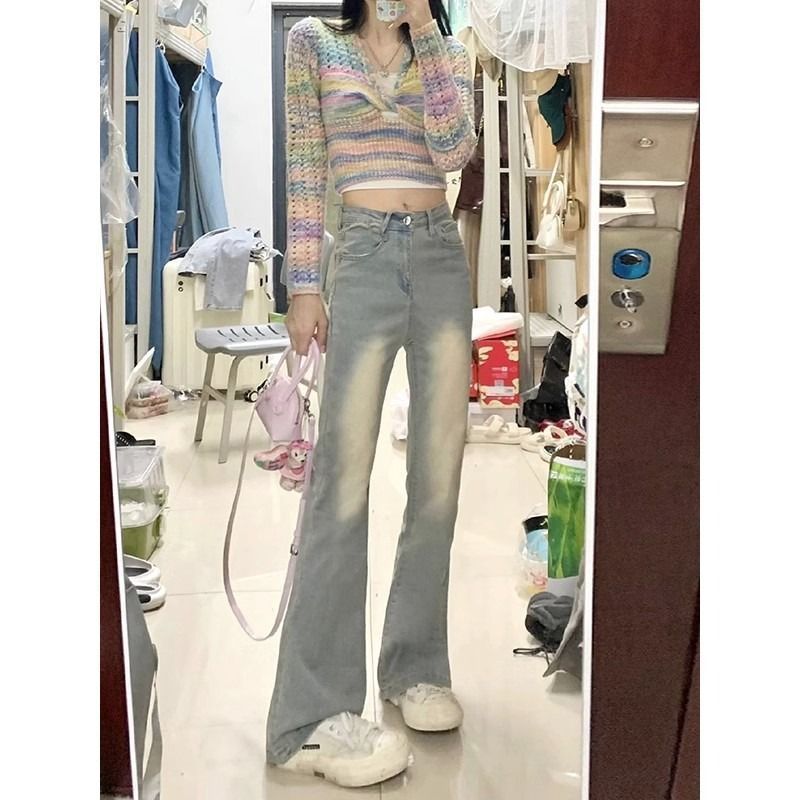 黃泥色做舊磨白ins高腰微喇叭牛仔褲女2023夏季新款辣妹拖地褲子