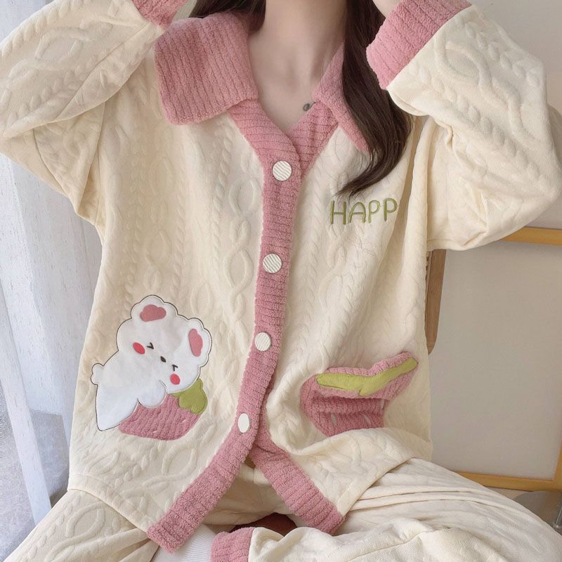 韓版可愛草莓小兔睡衣女秋冬季純棉夾層加厚空氣棉保暖春秋家居服