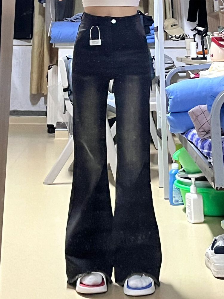 黑色微喇叭牛仔褲女秋季新款高腰寬鬆闊腿顯瘦毛邊直筒拖地褲子潮