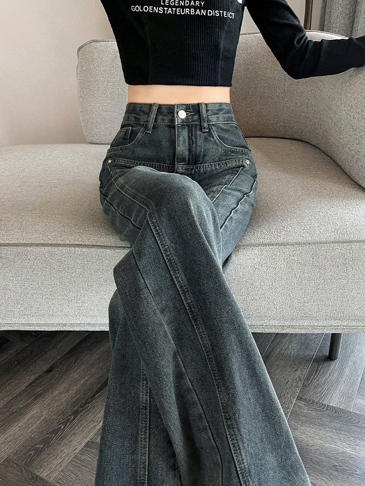 水泥灰高腰闊腿牛仔褲女2023秋冬新款寬鬆顯瘦窄版直筒拖地褲子女