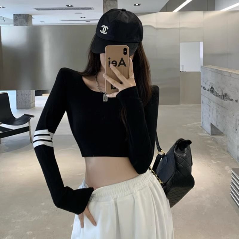 長袖t恤女秋冬甜酷風小眾氣質露臍高腰打底衫短款上衣配高腰褲ins