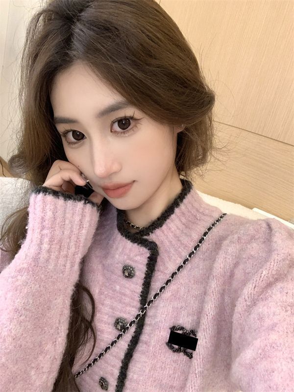 XJ家春秋新款粉色小香風百搭顯瘦精緻小眾設計感開衫毛衣女