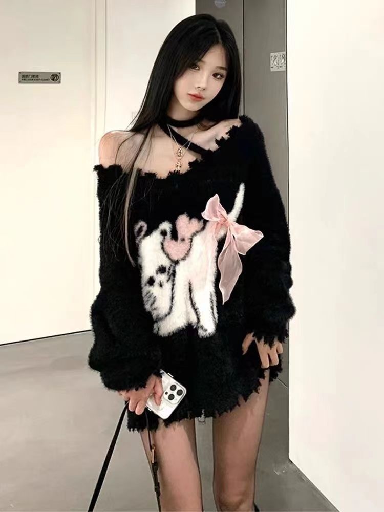 XJ家設計感防水貂絨軟糯套頭毛衣女寬鬆慵懶風圓領針織女秋冬外搭